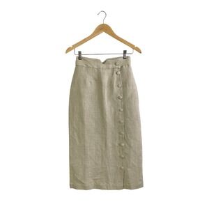 Ajaie Alaie XS 100% Linen High Waist Asymmetric Button Placket Midi Skirt Beige